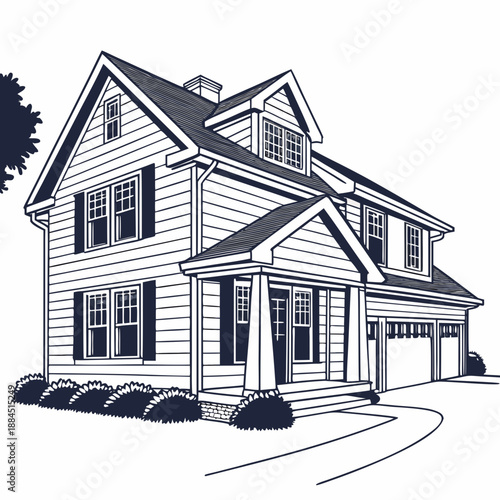 Detailed black and white line art illustration of a traditional american twostory suburban house with a front porch and attached garage, architectural drawing style