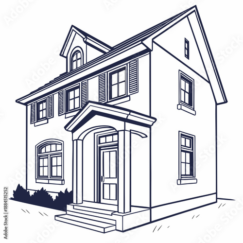 Detailed line art illustration of a classic twostory american house with porch and dormer windows, architectural drawing style