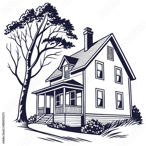 Vintage american farmhouse with large tree and porch, detailed black and white illustration