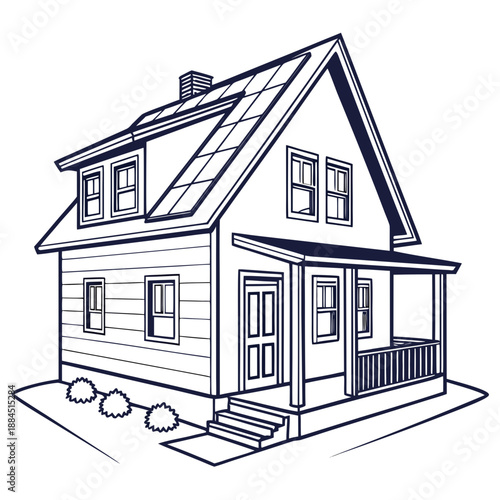 Line art illustration of a twostory house with a porch and solar panels on the roof, black and white drawing of a residential building