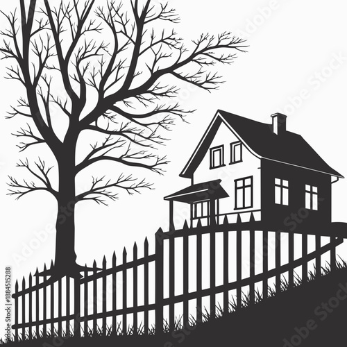 Silhouette of a small house with a porch and chimney next to a large bare tree behind a picket fence on a grassy hill, black and white vector art