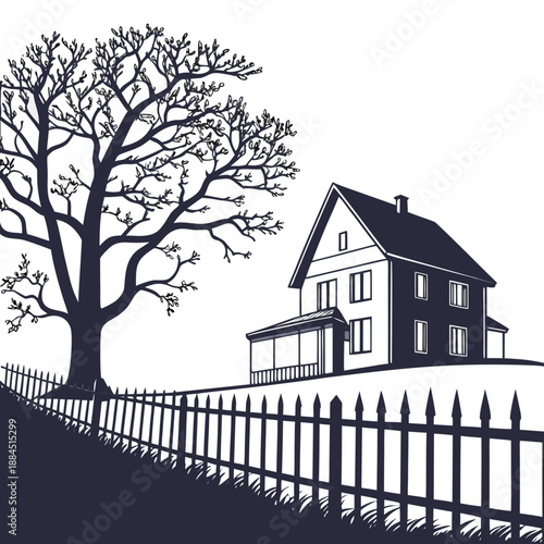 Black and white illustration of a house with a large bare tree and a picket fence on a hill