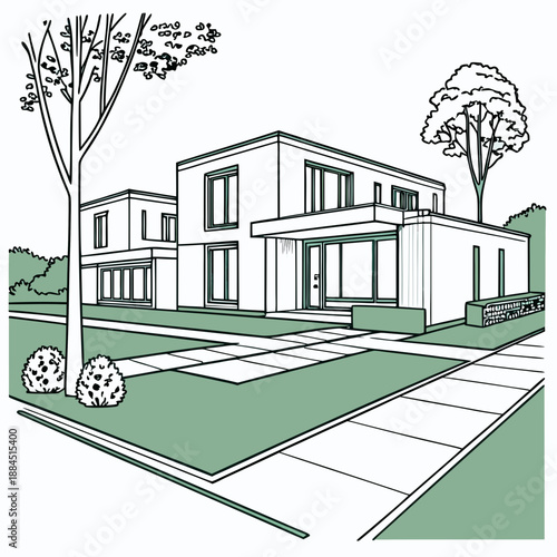 Modern house exterior architectural line drawing with landscaping and trees