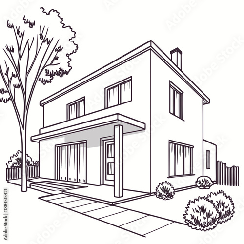 Modern twostory house with porch, large tree, and landscaping in black and white line art