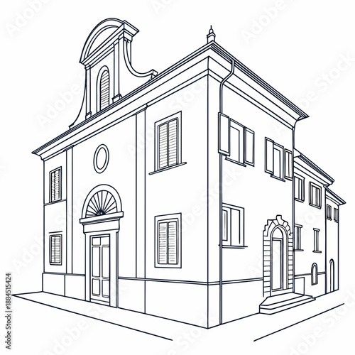 Architectural line drawing of a historic italian villa or palazzo facade with detailed windows and entrance