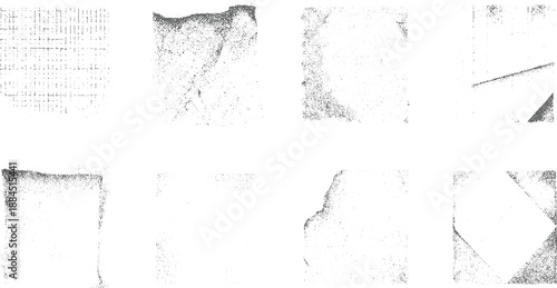 Series of abstract grayscale textures showcasing dot patterns, grid lines, and distressed paper edges for artistic and purposes
