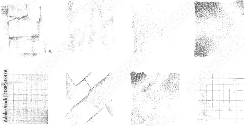Assortment of abstract grayscale textures featuring dense dot patterns, grid lines, and crumpled paper effects for applications