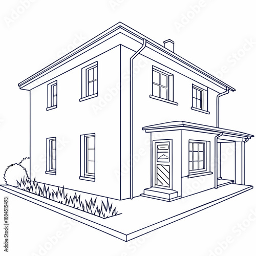 Outline drawing of a twostory traditional american house with porch and landscaping elements