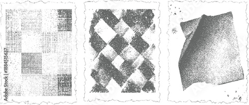 Set of three grayscale abstract textured panels with distressed edges displaying checkerboard, diamond, and crumpled fabric patterns for artistic backgrounds