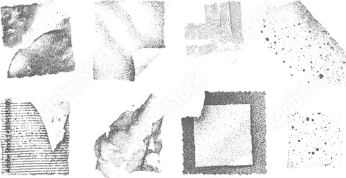 Assortment of eight monochrome abstract paper textures with varied stippling, line patterns, and torn edges showcasing distressed and artistic qualities