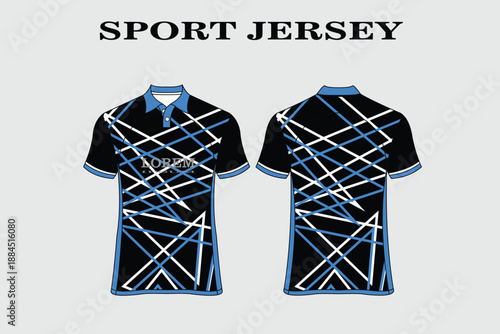 Stylish Sport Jersey Design with Abstract Blue and White Lines on Black Background