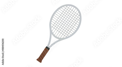 A racket for playing tennis with a white frame and brown handle against a clean white background.