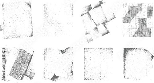 Diverse collection of eight abstract grayscale grunge textures with geometric and fabric distressed background