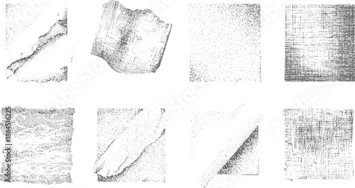Collection of monochromatic stippled and hatched textures with organic and irregular shapes creating a raw and artistic visual style for