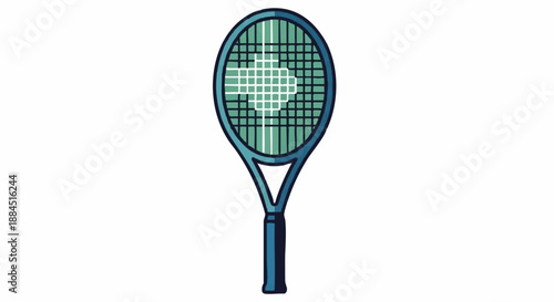 A blue tennis racket with a green string and a ball on a white background, showcasing a racket tennis setup in a minimalist style.