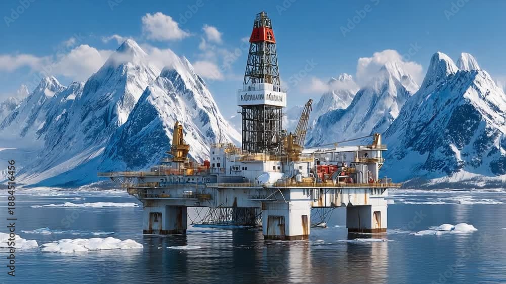 Drilling Platform Amidst Arctic Majesty A Towering Drilling Platform 