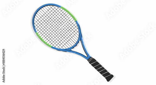 A blue and green tennis racket with a black handle on a white background, used for playing racket tennis.