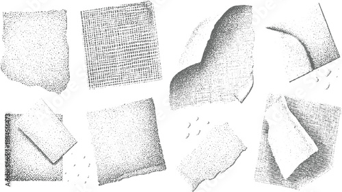 Assortment of eight abstract stippled textures and patterns including fabric weaves and scattered dots with a monochrome aesthetic grunge or artistic backgrounds