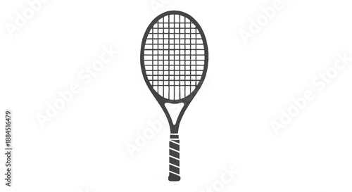 A black and white illustration of a tennis racket with a striped handle against a clean white background.