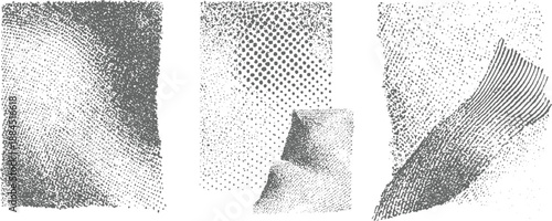 Abstract visual with fingerprint-like textures and halftone dots in grayscale, evoking a sense of identity and detailed patterns for