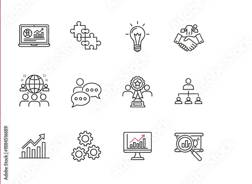Business Icons: A collection of meticulously crafted, minimalistic line icons designed to represent various facets of the business world, including data analysis, teamwork, and innovation.