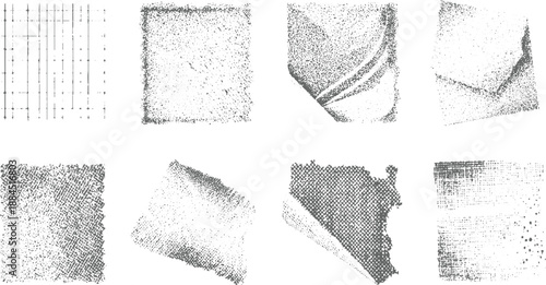 Diverse abstract grunge including halftone dots, torn edges, and linear patterns in a monochromatic gray and white color scheme