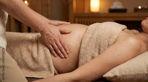 Side View of Therapist Hand Gently Massaging Pregnant Woman Belly in Spa