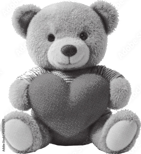 A charming grayscale image of a teddy bear holding a heart shaped pillow