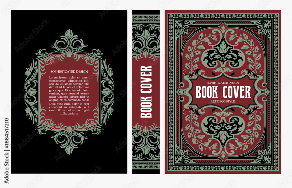 Fototapeta premium Classic vintage book cover and spine with gold and black art deco, art nouveau ornament, decorative frame, elegant retro style for classic publications, posters, artistic layouts