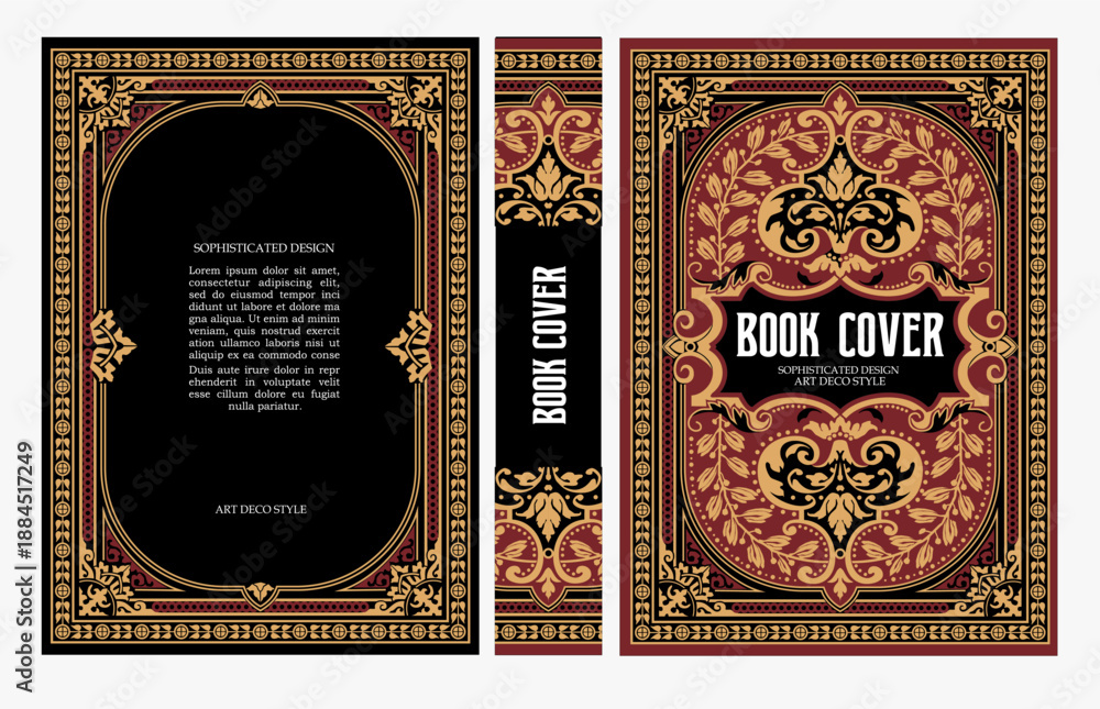Fototapeta premium Classic vintage book cover and spine with gold and black art deco, art nouveau ornament, decorative frame, elegant retro style for classic publications, posters, artistic layouts