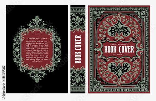 Classic vintage book cover and spine with gold and black art deco, art nouveau ornament, decorative frame, elegant retro style for classic publications, posters, artistic layouts