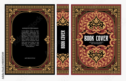 Classic vintage book cover and spine with gold and black art deco, art nouveau ornament, decorative frame, elegant retro style for classic publications, posters, artistic layouts