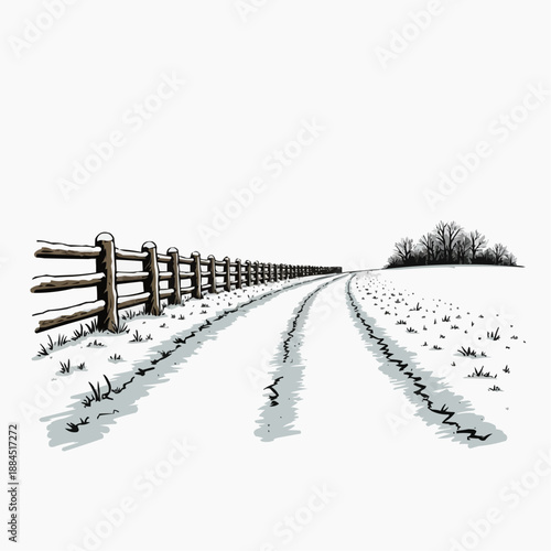 Snow-covered road with wooden fence and trees in winter landscape  