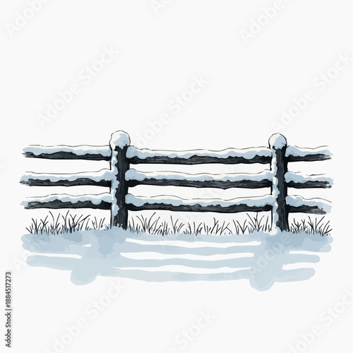 Snow-covered wooden fence with grass in a winter landscape  