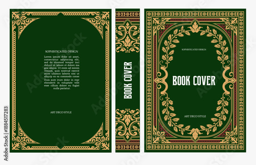 Classic vintage book cover and spine with gold and black art deco, art nouveau ornament, decorative frame, elegant retro style for classic publications, posters, artistic layouts