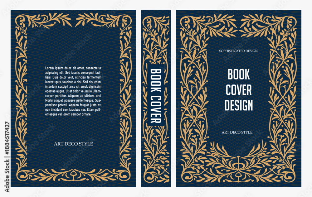 Fototapeta premium Classic vintage book cover and spine with gold and black art deco, art nouveau ornament, decorative frame, elegant retro style for classic publications, posters, artistic layouts