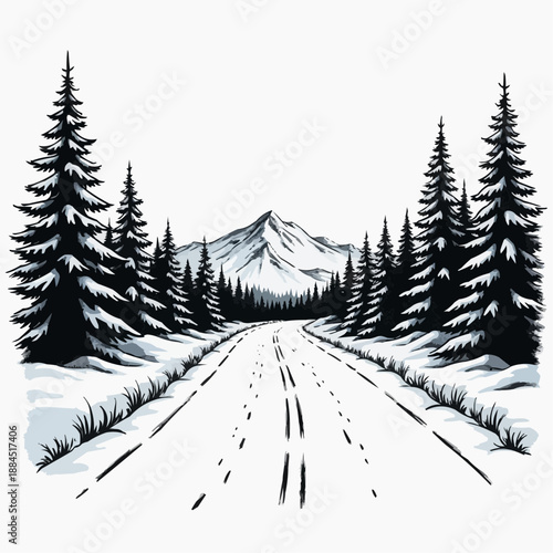 Winter road through snowy pine trees leading to mountains in background  
