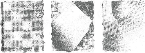Abstract grayscale textures featuring distressed fabric patterns and geometric shapes with torn edges