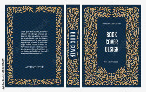 Classic vintage book cover and spine with gold and black art deco, art nouveau ornament, decorative frame, elegant retro style for classic publications, posters, artistic layouts