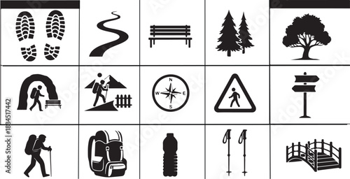 Minimal black icon vector set on white background for relaxed walking and slow tourism design themes.eps