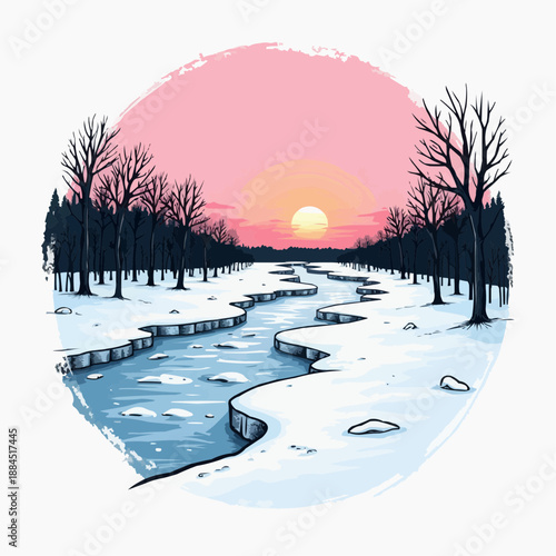 Winter landscape with snow-covered river and sunset in background  
