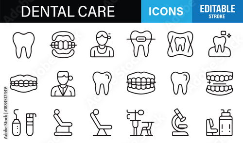 Dental illustration icons in modern outline style