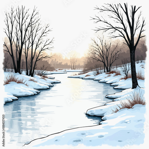 Winter landscape with snowy river and bare trees at sunset  