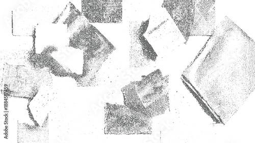 Collage of abstract grayscale distressed paper textures with torn edges and geometric fragments grunge