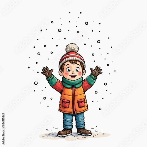 Happy boy with arms raised enjoying snowfall in winter attire  
