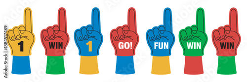 Colorful Foam Finger Hand Illustration set, energetic vector sports fan accessory showing number one gesture for posters celebration event merchandise graphics
