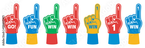Colorful Foam Finger Hand Illustration set, vibrant vector number one fan gesture for sports cheering graphics event designs celebration promotional materials