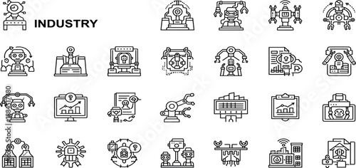 Collection of industrial icons representing various machines and equipment used in manufacturing processes and factories