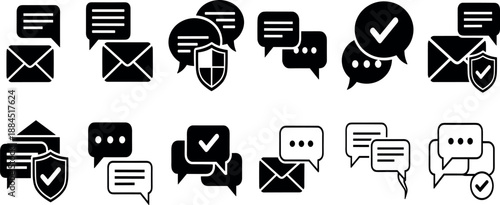 Collection of black and white email and message icons symbolizing communication and security