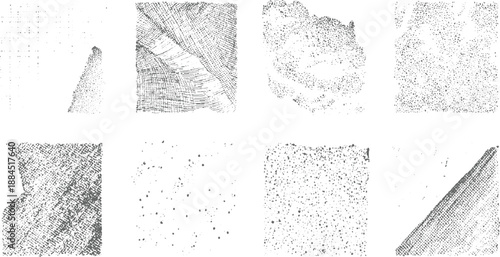 Diverse abstract grayscale textures with stippled effects wood grain patterns and scattered dots offering a raw and artistic visual for backgrounds and